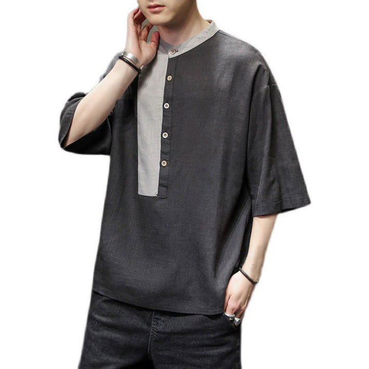 Camisa de lino y algodón de media manga para hombre, diseño a juego de colores y botones de verano con Buddha Stones