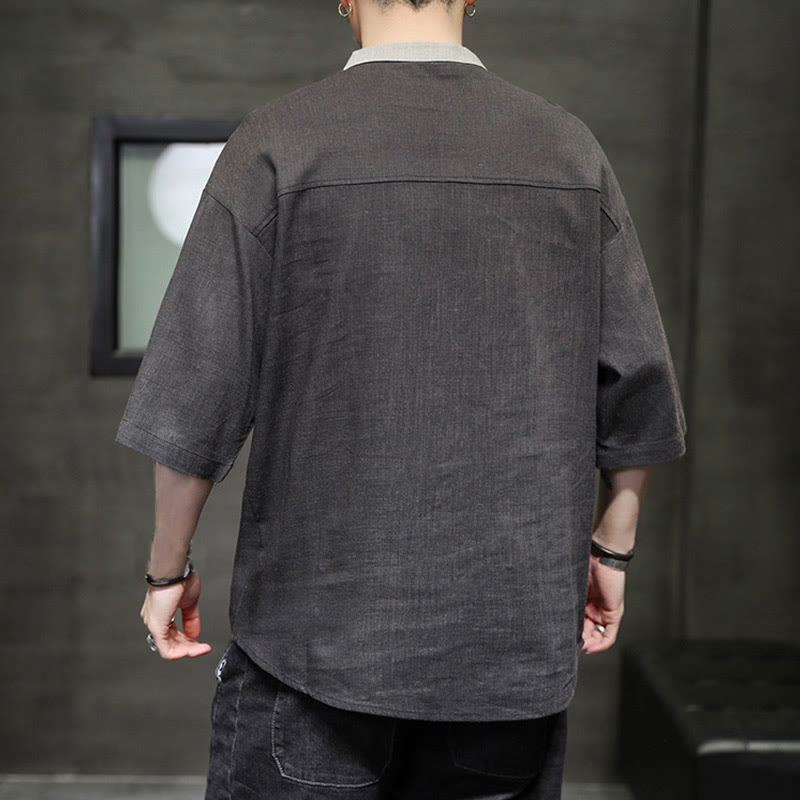 Camisa de lino y algodón de media manga para hombre, diseño a juego de colores y botones de verano con Buddha Stones
