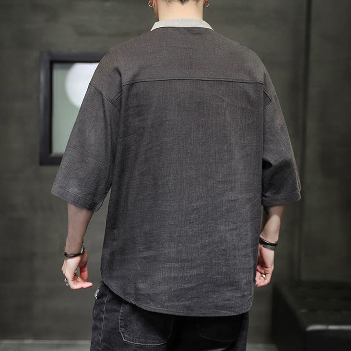 Camisa de lino y algodón de media manga para hombre, diseño a juego de colores y botones de verano con Buddha Stones