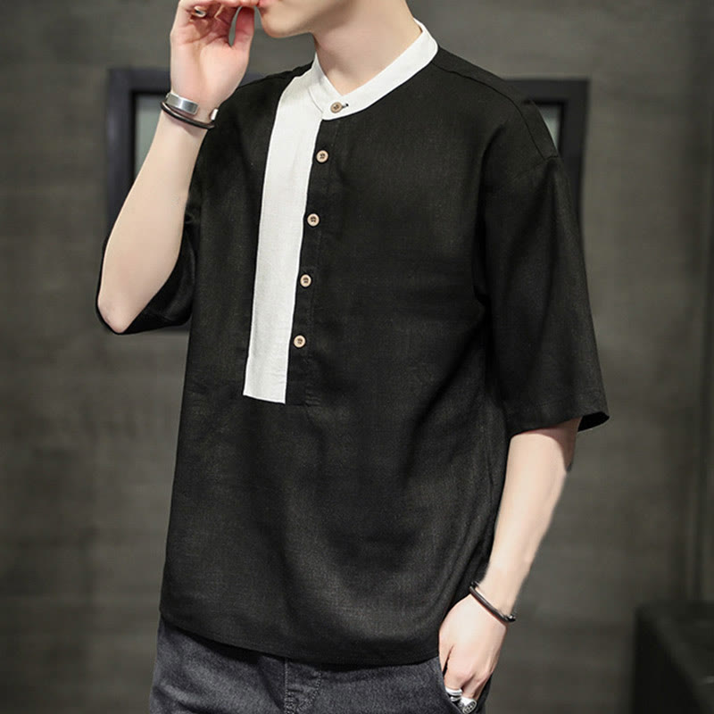 Camisa de lino y algodón de media manga para hombre, diseño a juego de colores y botones de verano con Buddha Stones