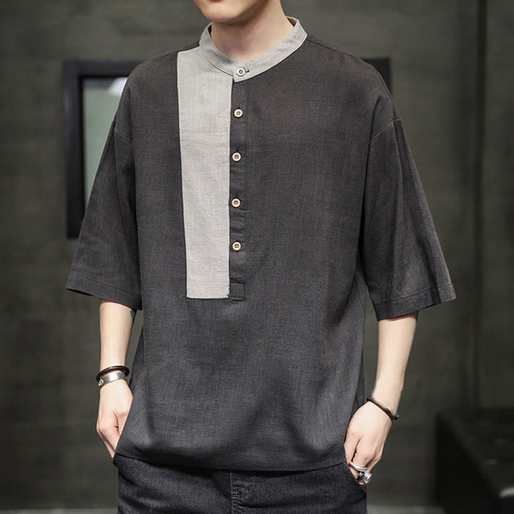 Camisa de lino y algodón de media manga para hombre, diseño a juego de colores y botones de verano con Buddha Stones