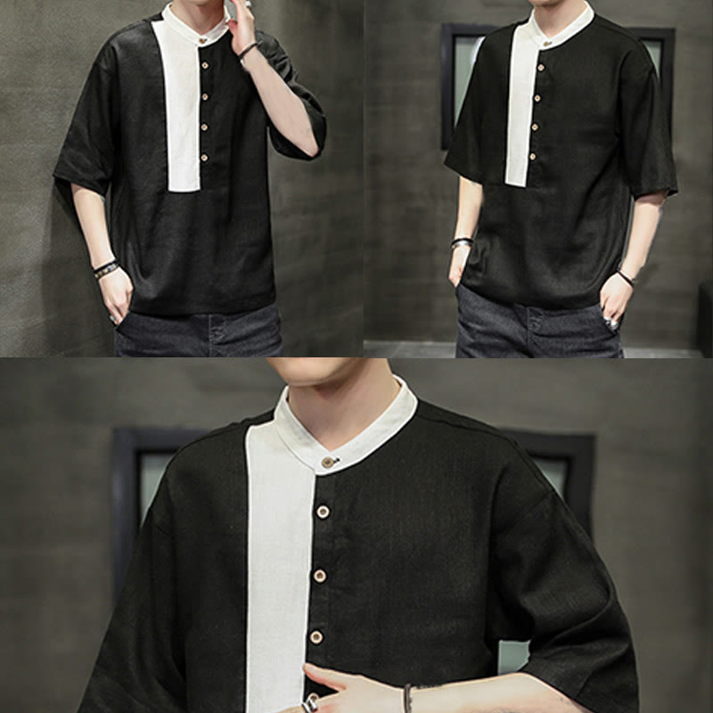 Camisa de lino y algodón de media manga para hombre, diseño a juego de colores y botones de verano con Buddha Stones