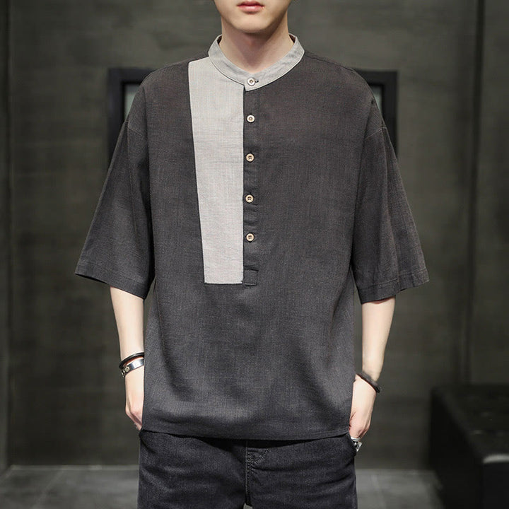 Camisa de lino y algodón de media manga para hombre, diseño a juego de colores y botones de verano con Buddha Stones