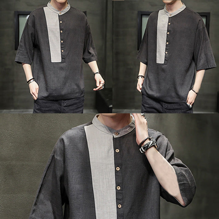 Camisa de lino y algodón de media manga para hombre, diseño a juego de colores y botones de verano con Buddha Stones