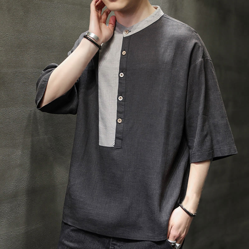 Camisa de lino y algodón de media manga para hombre, diseño a juego de colores y botones de verano con Buddha Stones