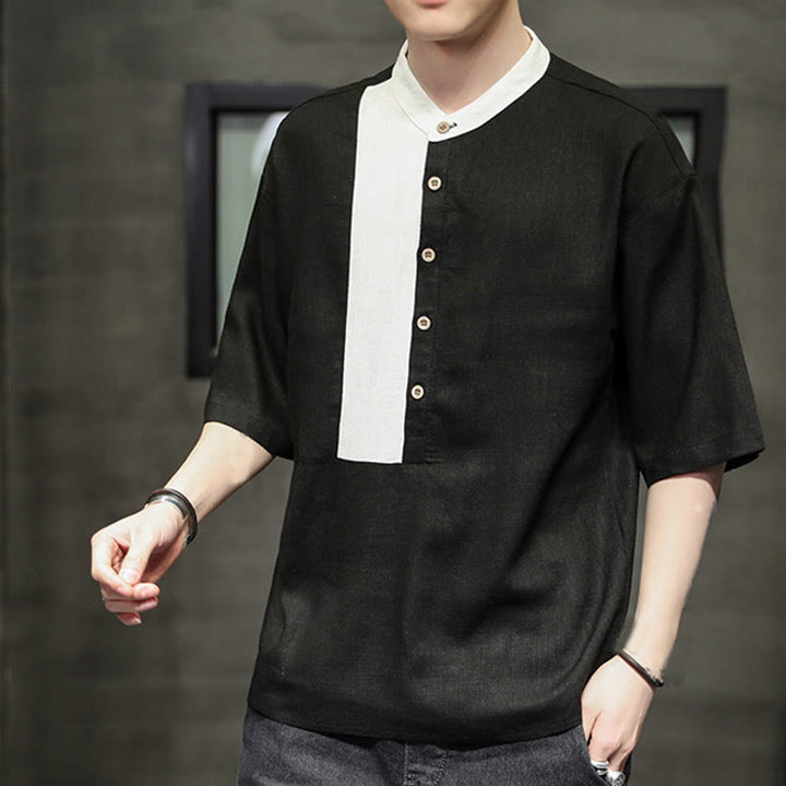 Camisa de lino y algodón de media manga para hombre, diseño a juego de colores y botones de verano con Buddha Stones