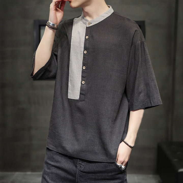 Camisa de lino y algodón de media manga para hombre, diseño a juego de colores y botones de verano con Buddha Stones