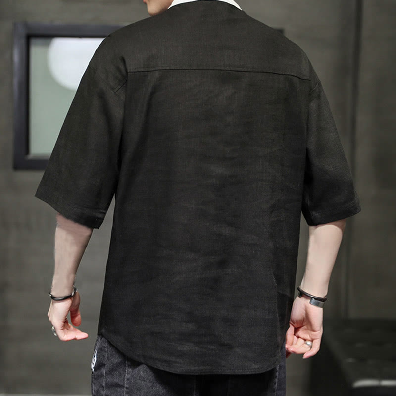 Camisa de lino y algodón de media manga para hombre, diseño a juego de colores y botones de verano con Buddha Stones