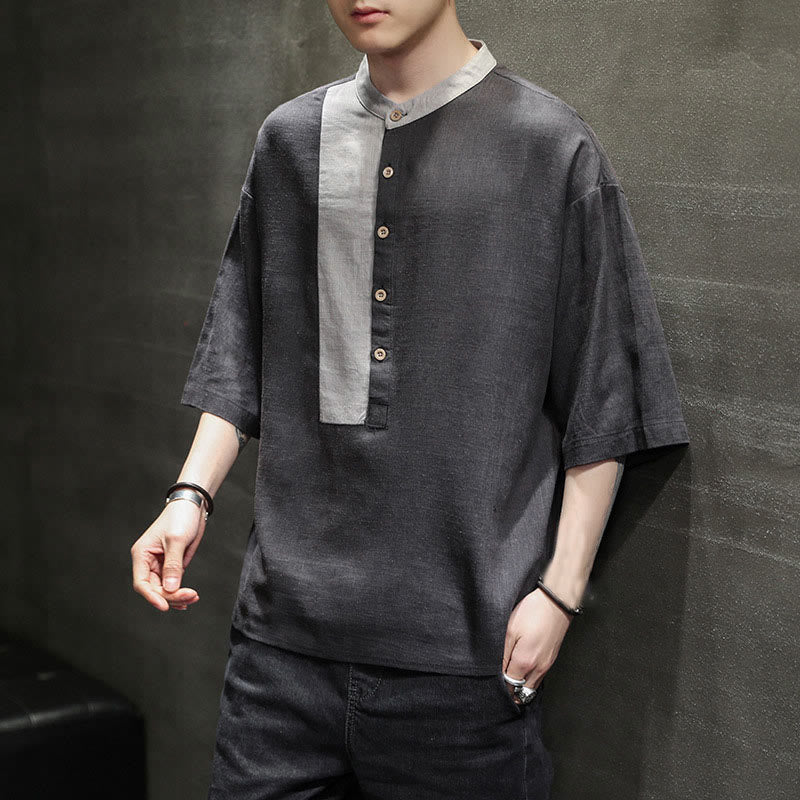 Camisa de lino y algodón de media manga para hombre, diseño a juego de colores y botones de verano con Buddha Stones