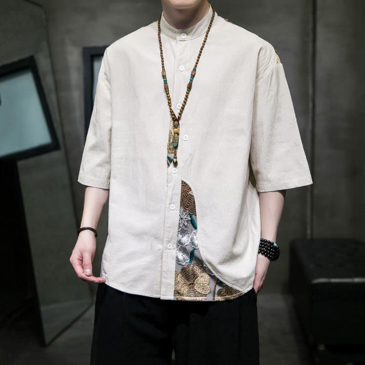 Camisa de lino y algodón para hombre con diseño simple de patchwork y bordado de Buddha Stones, manga tres cuartos