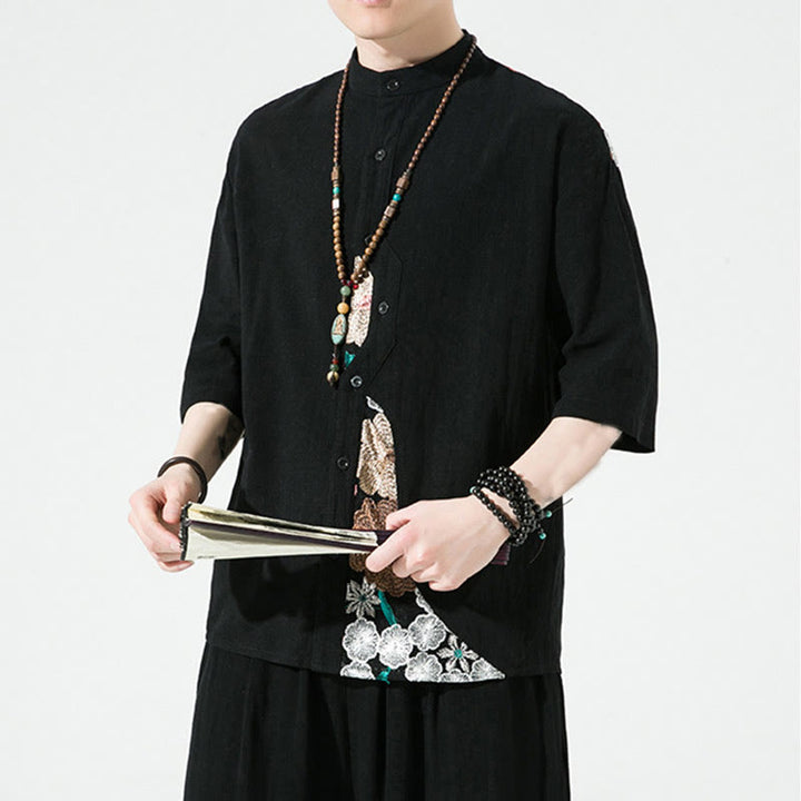 Camisa de lino y algodón para hombre con diseño simple de patchwork y bordado de Buddha Stones, manga tres cuartos