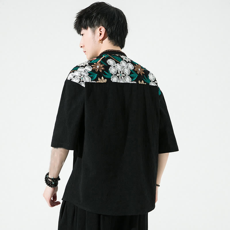 Camisa de lino y algodón para hombre con diseño simple de patchwork y bordado de Buddha Stones, manga tres cuartos