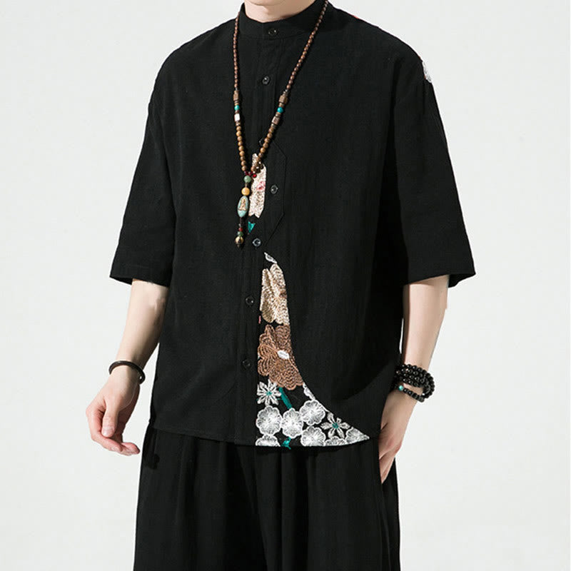Camisa de lino y algodón para hombre con diseño simple de patchwork y bordado de Buddha Stones, manga tres cuartos