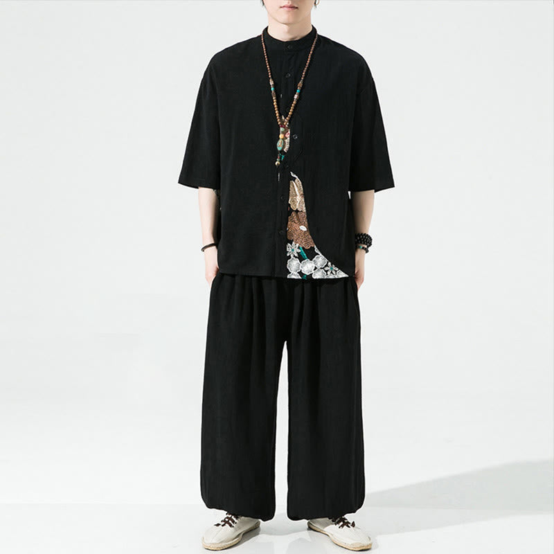 Camisa de lino y algodón para hombre con diseño simple de patchwork y bordado de Buddha Stones, manga tres cuartos