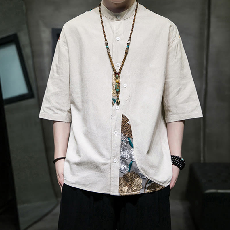 Camisa de lino y algodón para hombre con diseño simple de patchwork y bordado de Buddha Stones, manga tres cuartos