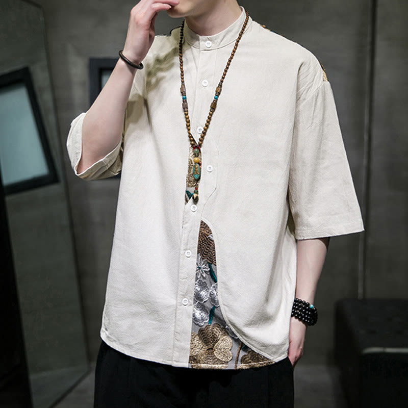 Camisa de lino y algodón para hombre con diseño simple de patchwork y bordado de Buddha Stones, manga tres cuartos
