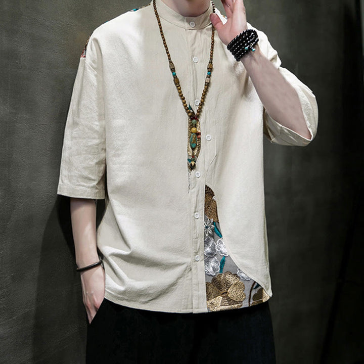 Camisa de lino y algodón para hombre con diseño simple de patchwork y bordado de Buddha Stones, manga tres cuartos