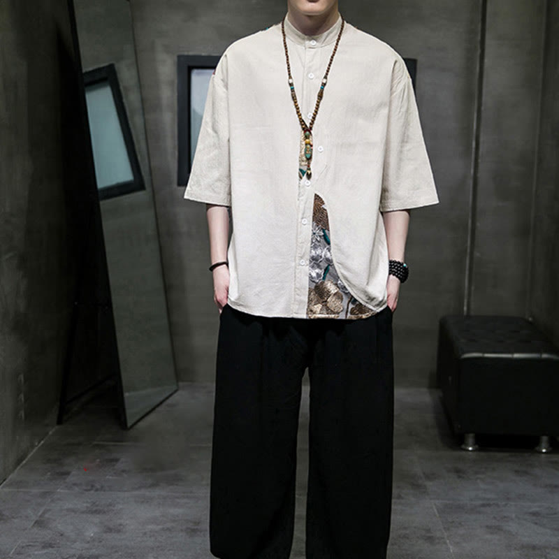 Camisa de lino y algodón para hombre con diseño simple de patchwork y bordado de Buddha Stones, manga tres cuartos