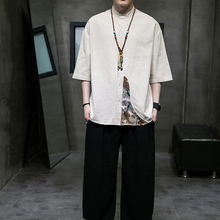 Camisa de lino y algodón para hombre con diseño simple de patchwork y bordado de Buddha Stones, manga tres cuartos