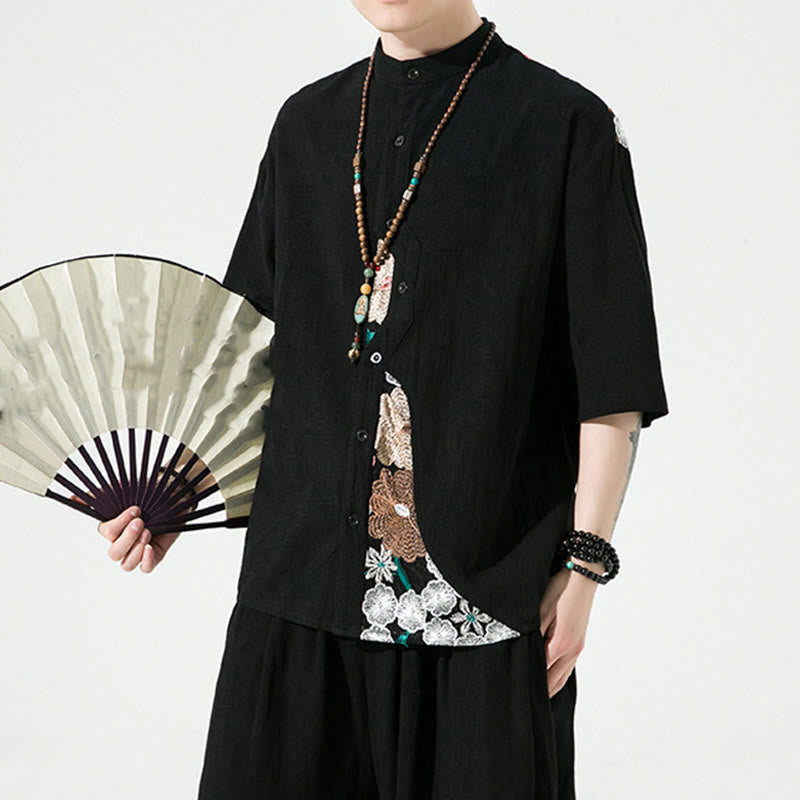 Camisa de lino y algodón para hombre con diseño simple de patchwork y bordado de Buddha Stones, manga tres cuartos
