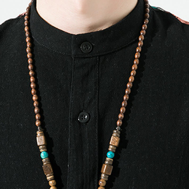 Camisa de lino y algodón para hombre con diseño simple de patchwork y bordado de Buddha Stones, manga tres cuartos
