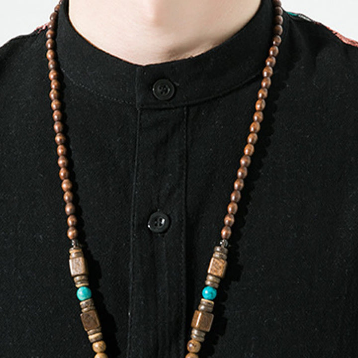 Camisa de lino y algodón para hombre con diseño simple de patchwork y bordado de Buddha Stones, manga tres cuartos