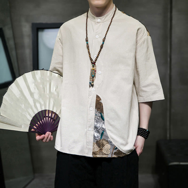 Camisa de lino y algodón para hombre con diseño simple de patchwork y bordado de Buddha Stones, manga tres cuartos