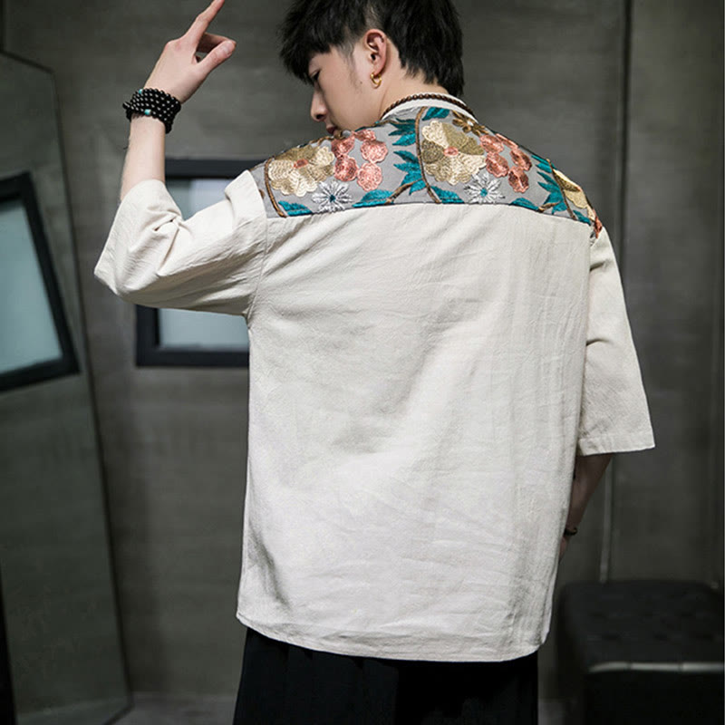 Camisa de lino y algodón para hombre con diseño simple de patchwork y bordado de Buddha Stones, manga tres cuartos