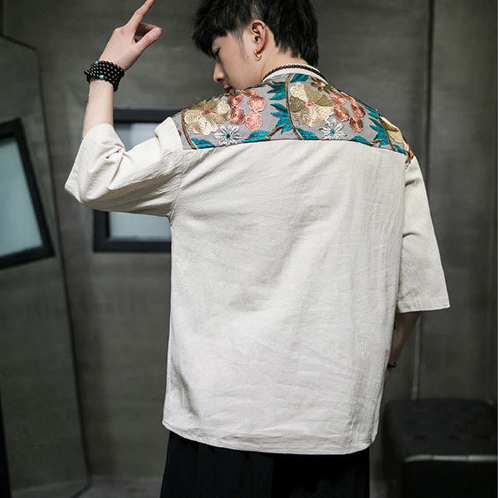 Camisa de lino y algodón para hombre con diseño simple de patchwork y bordado de Buddha Stones, manga tres cuartos