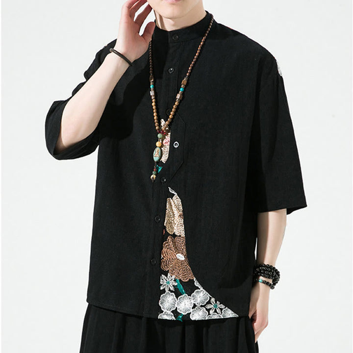 Camisa de lino y algodón para hombre con diseño simple de patchwork y bordado de Buddha Stones, manga tres cuartos