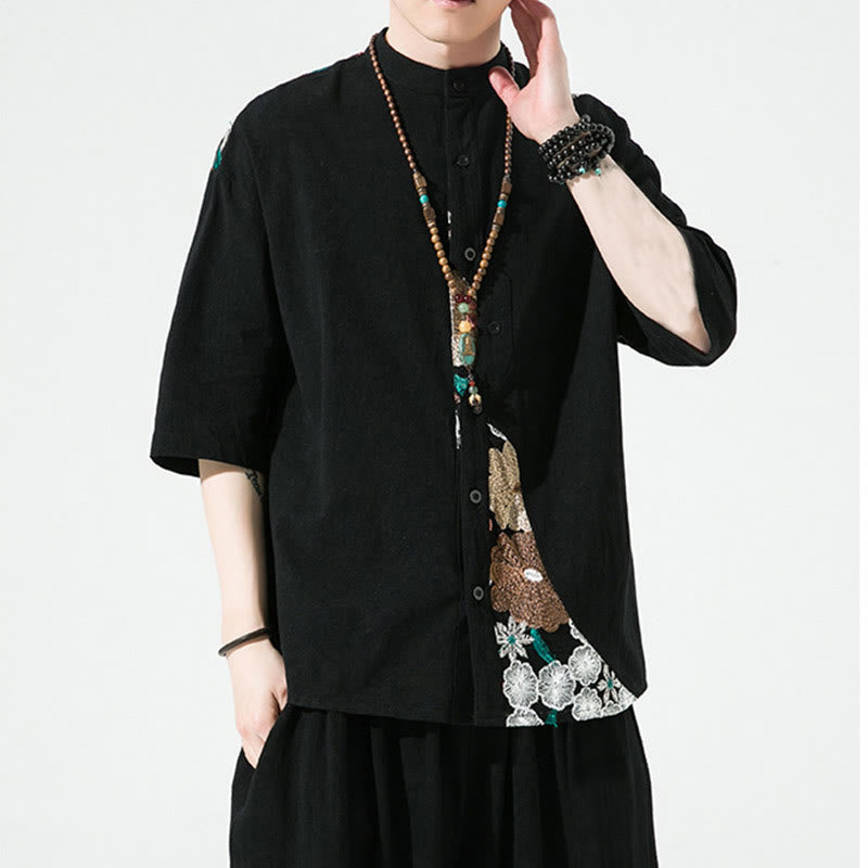 Camisa de lino y algodón para hombre con diseño simple de patchwork y bordado de Buddha Stones, manga tres cuartos