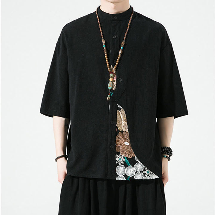 Camisa de lino y algodón para hombre con diseño simple de patchwork y bordado de Buddha Stones, manga tres cuartos
