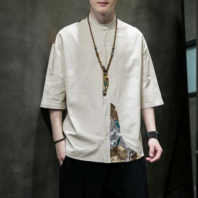Camisa de lino y algodón para hombre con diseño simple de patchwork y bordado de Buddha Stones, manga tres cuartos