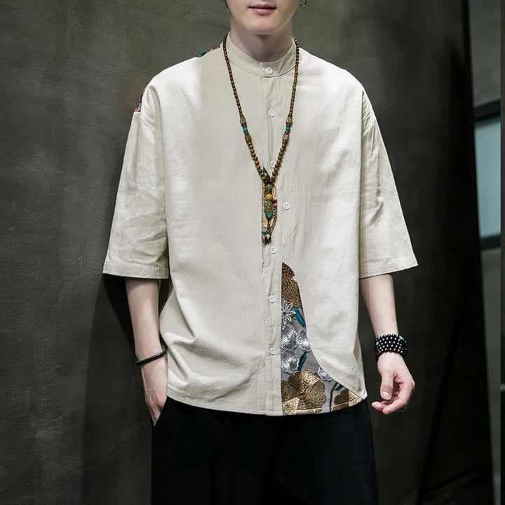 Camisa de lino y algodón para hombre con diseño simple de patchwork y bordado de Buddha Stones, manga tres cuartos