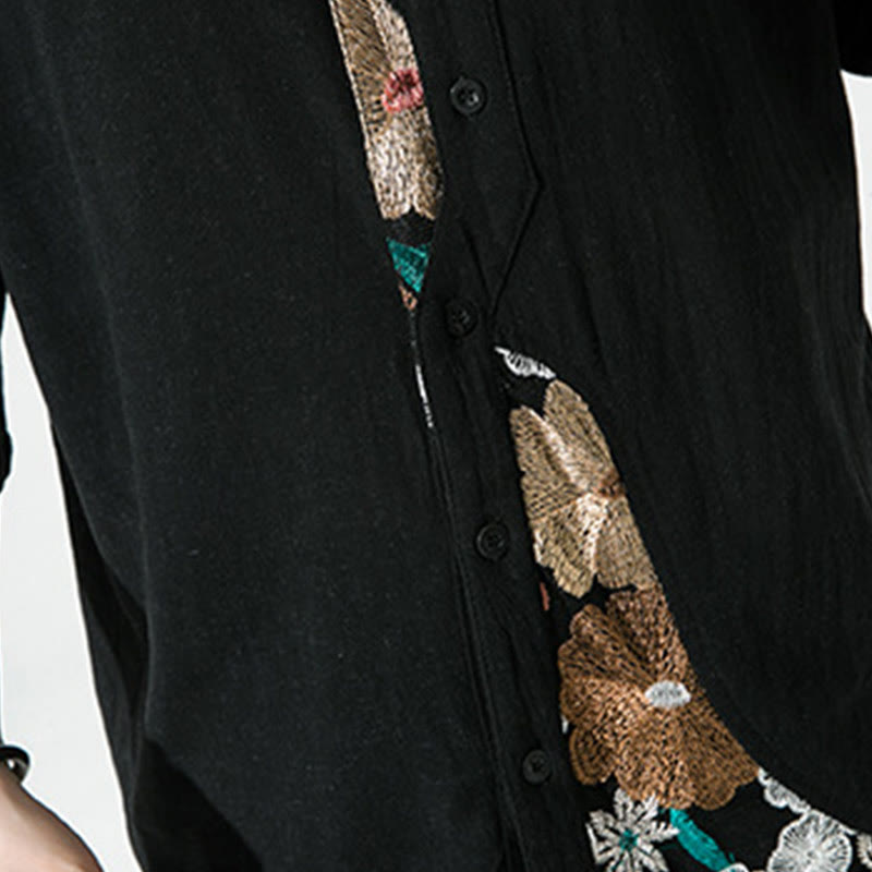 Camisa de lino y algodón para hombre con diseño simple de patchwork y bordado de Buddha Stones, manga tres cuartos