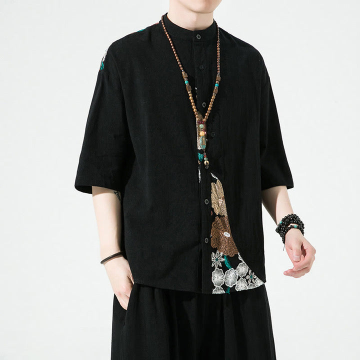Camisa de lino y algodón para hombre con diseño simple de patchwork y bordado de Buddha Stones, manga tres cuartos