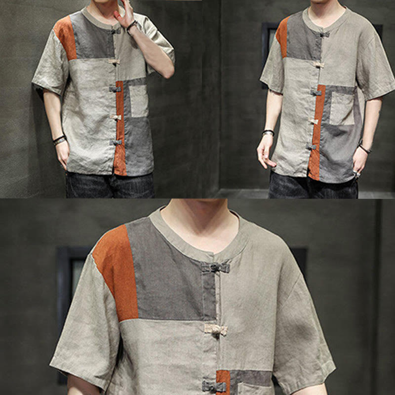 Camisa de lino y algodón para hombre, de media manga, con botones y bolsillo, estilo vintage Buddha Stones
