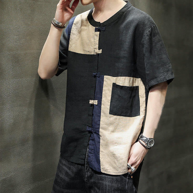 Camisa de lino y algodón para hombre, de media manga, con botones y bolsillo, estilo vintage Buddha Stones
