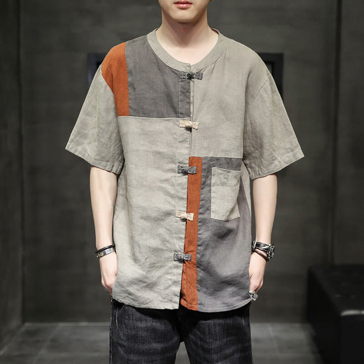 Camisa de lino y algodón para hombre, de media manga, con botones y bolsillo, estilo vintage Buddha Stones