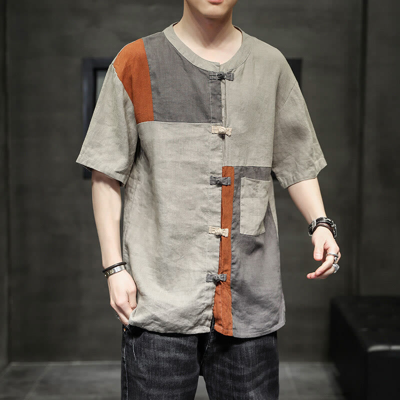 Camisa de lino y algodón para hombre, de media manga, con botones y bolsillo, estilo vintage Buddha Stones