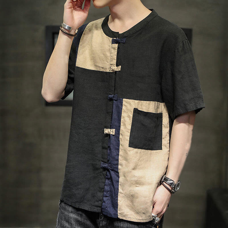 Camisa de lino y algodón para hombre, de media manga, con botones y bolsillo, estilo vintage Buddha Stones