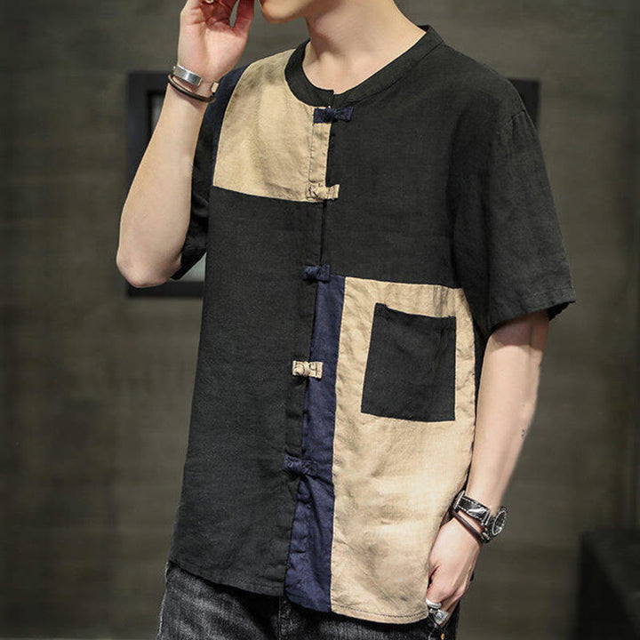 Camisa de lino y algodón para hombre, de media manga, con botones y bolsillo, estilo vintage Buddha Stones