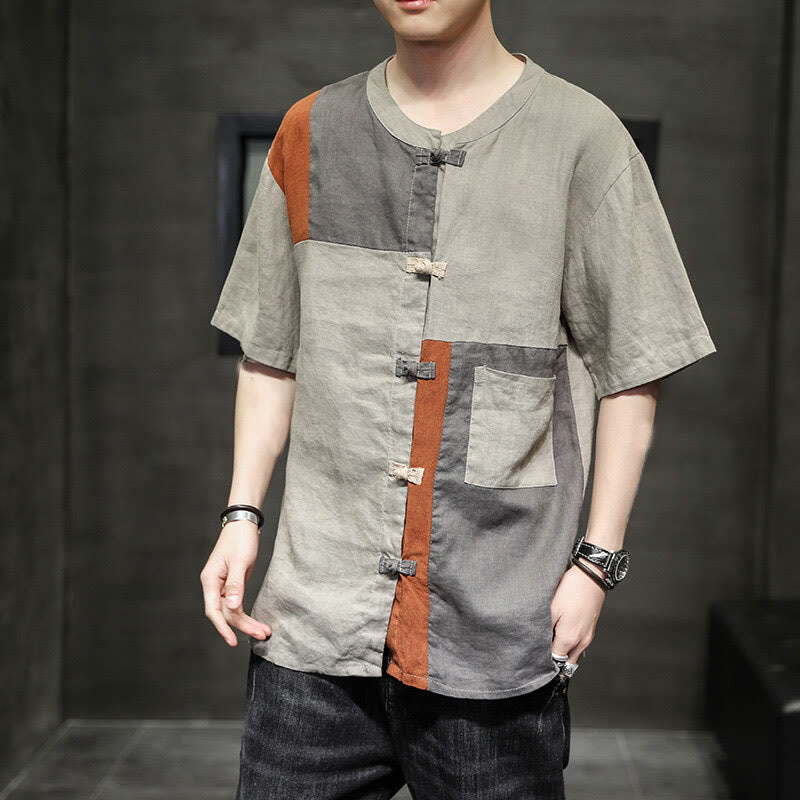 Camisa de lino y algodón para hombre, de media manga, con botones y bolsillo, estilo vintage Buddha Stones
