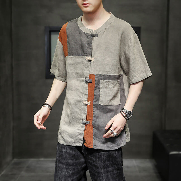 Camisa de lino y algodón para hombre, de media manga, con botones y bolsillo, estilo vintage Buddha Stones