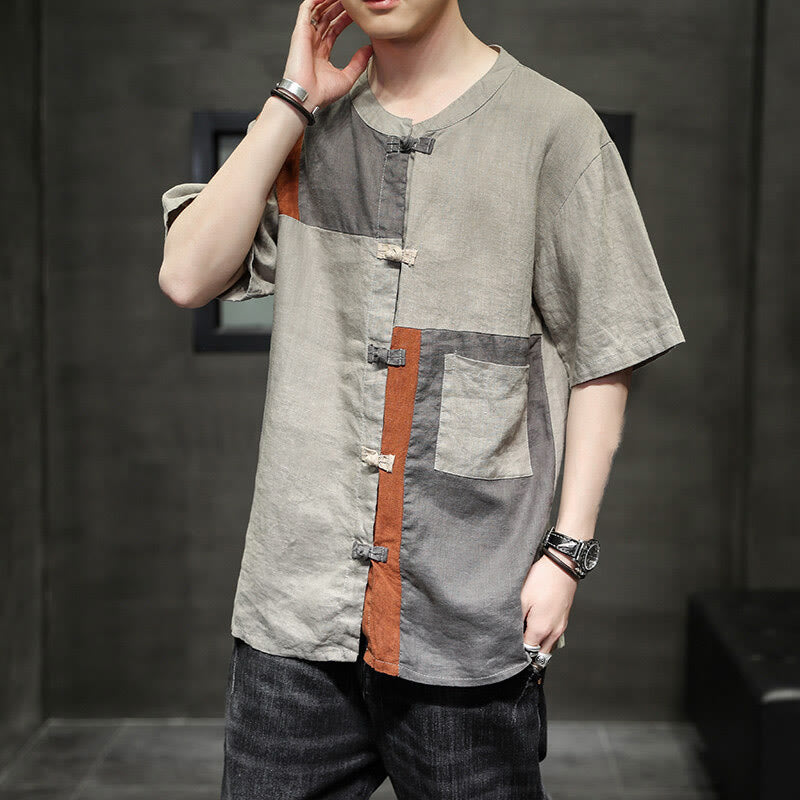 Camisa de lino y algodón para hombre, de media manga, con botones y bolsillo, estilo vintage Buddha Stones