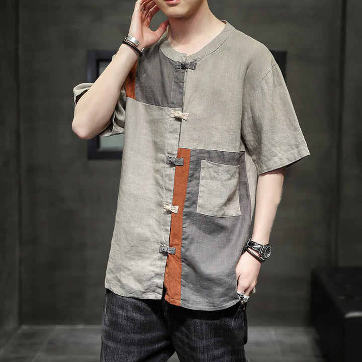 Camisa de lino y algodón para hombre, de media manga, con botones y bolsillo, estilo vintage Buddha Stones