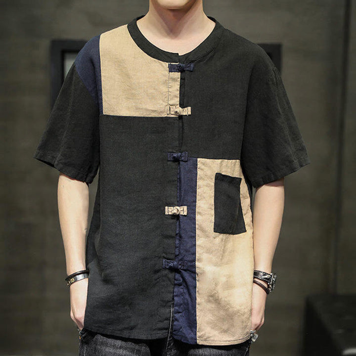 Camisa de lino y algodón para hombre, de media manga, con botones y bolsillo, estilo vintage Buddha Stones