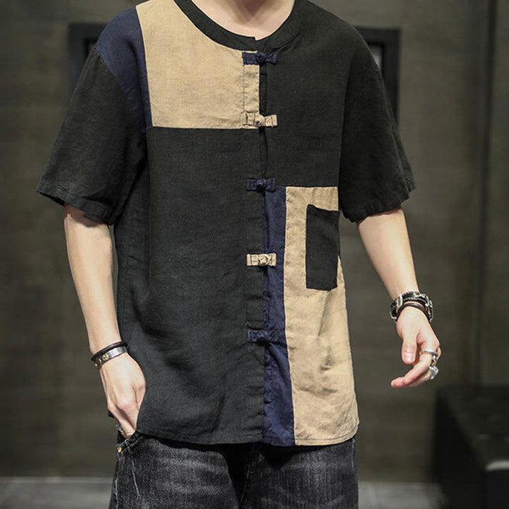 Camisa de lino y algodón para hombre, de media manga, con botones y bolsillo, estilo vintage Buddha Stones