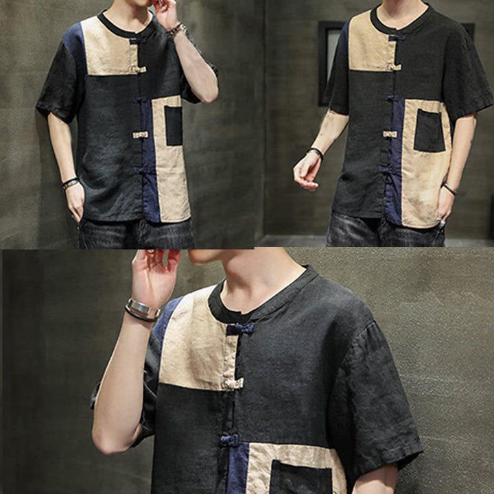 Camisa de lino y algodón para hombre, de media manga, con botones y bolsillo, estilo vintage Buddha Stones