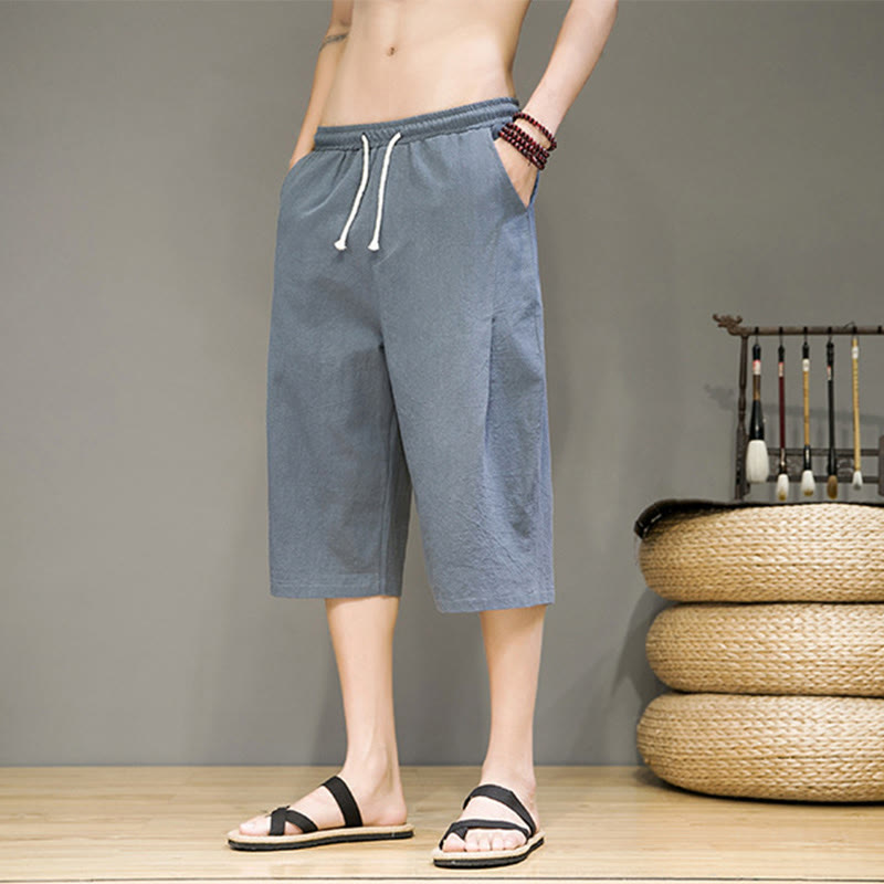 Pantalones Buddha Stones de lino y algodón para hombre, informales, de verano, con cordón ajustable, de color liso, con bolsillos - image 1